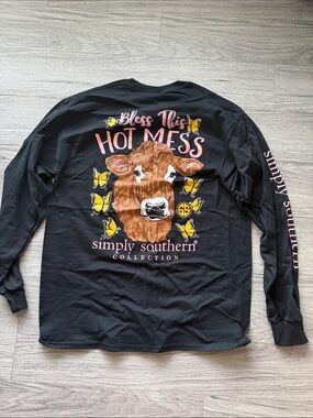 Simply Southern Black Long Sleeve Tee with Pink Logo - Size L